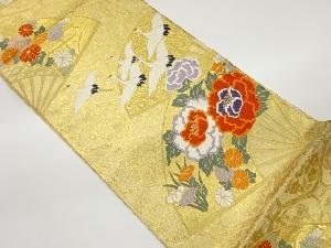 蜀江文に扇・鶴・花々模様織出し袋帯